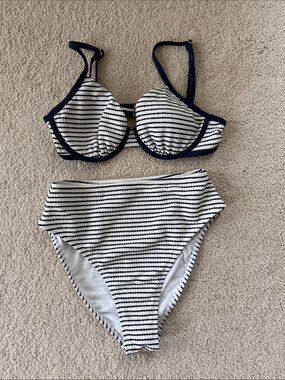 Shade & Shore Navy and White Striped High-Waist Bikini Set